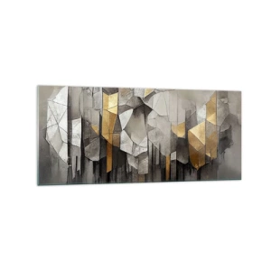 Impression sur verre - Image sur verre - Abstraction géométrique dans les tons d'or et de gris - 120x50cm - Composition de glace et de lumière - Décoration murale moderne pour le salon et la chambre ARTTOR