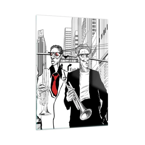 Impression sur verre - Image sur verre - Un groupe de jazz de rue au style graphique moderne. - 50x70cm - Rhapsodie urbaine en noir et rouge - Décoration murale moderne pour le salon et la chambre ARTTOR