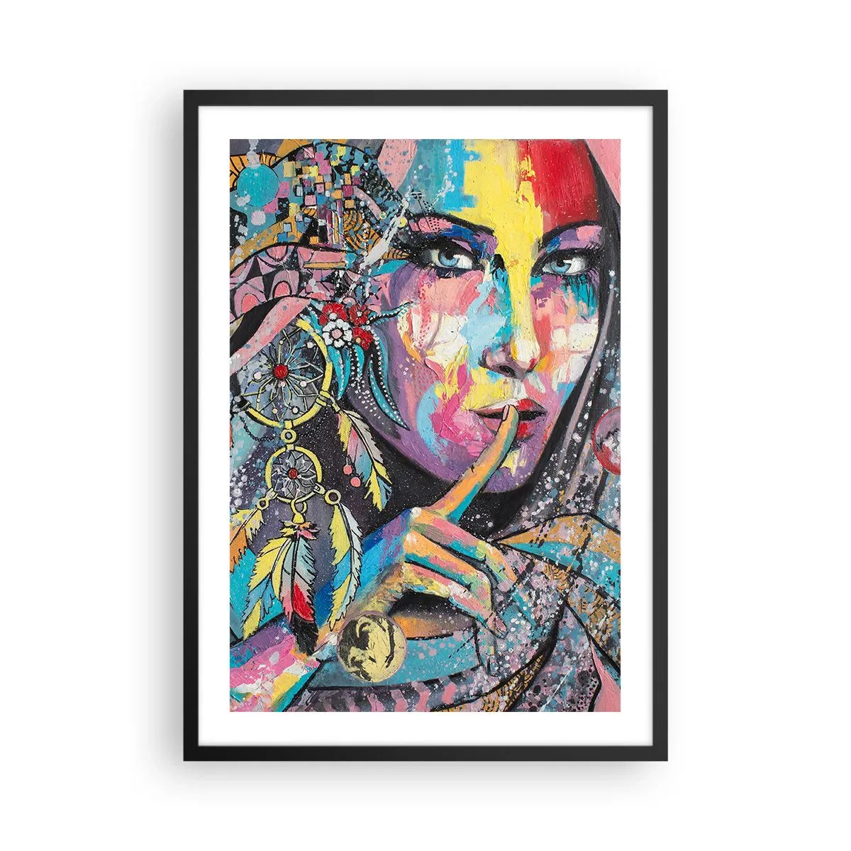 Affiche dans un cadre noir - Poster - Portrait coloré d'une femme avec des plumes et un attrape-rêves - 50x70cm - Taisez-vous jusqu'à ce que vous compreniez - Décoration murale moderne pour le salon et la chambre ARTTOR