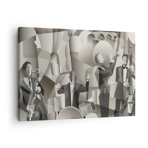 Impression sur toile - Image sur toile - Scène abstraite avec des musiciens de jazz dans des tons de gris. - 70x50cm - Dans l'espace des sons - Décoration murale moderne pour le salon et la chambre ARTTOR