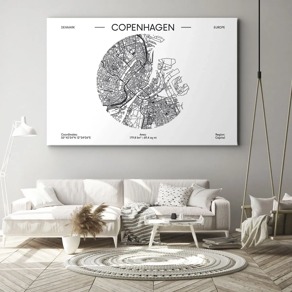 Impression sur toile - Image sur toile - Une carte de Copenhague dans un style minimaliste en noir et blanc. - 70x50cm - Anatomie de Copenhague - Décoration murale moderne pour le salon et la chambre ARTTOR