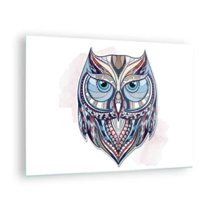 Impression sur verre - Image sur verre - Portrait coloré et géométrique d'un hibou - 70x50cm - Chouette ornementale élaborée - Décoration murale moderne pour le salon et la chambre ARTTOR