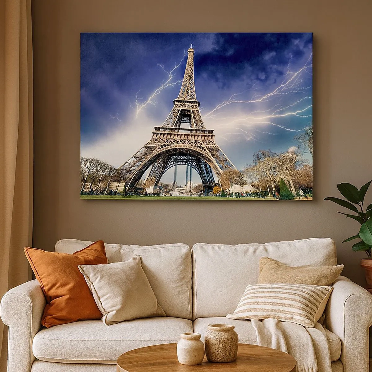 Impression sur toile - Image sur toile - La Tour Eiffel avec un ciel orageux et des éclairs en arrière-plan - 70x50cm - Maître des tempêtes - Décoration murale moderne pour le salon et la chambre ARTTOR