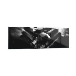 Impression sur verre - Image sur verre - Mains jointes sur une guitare dans un ton monochrome - 160x50cm - Prière d'artiste - Décoration murale moderne pour le salon et la chambre ARTTOR