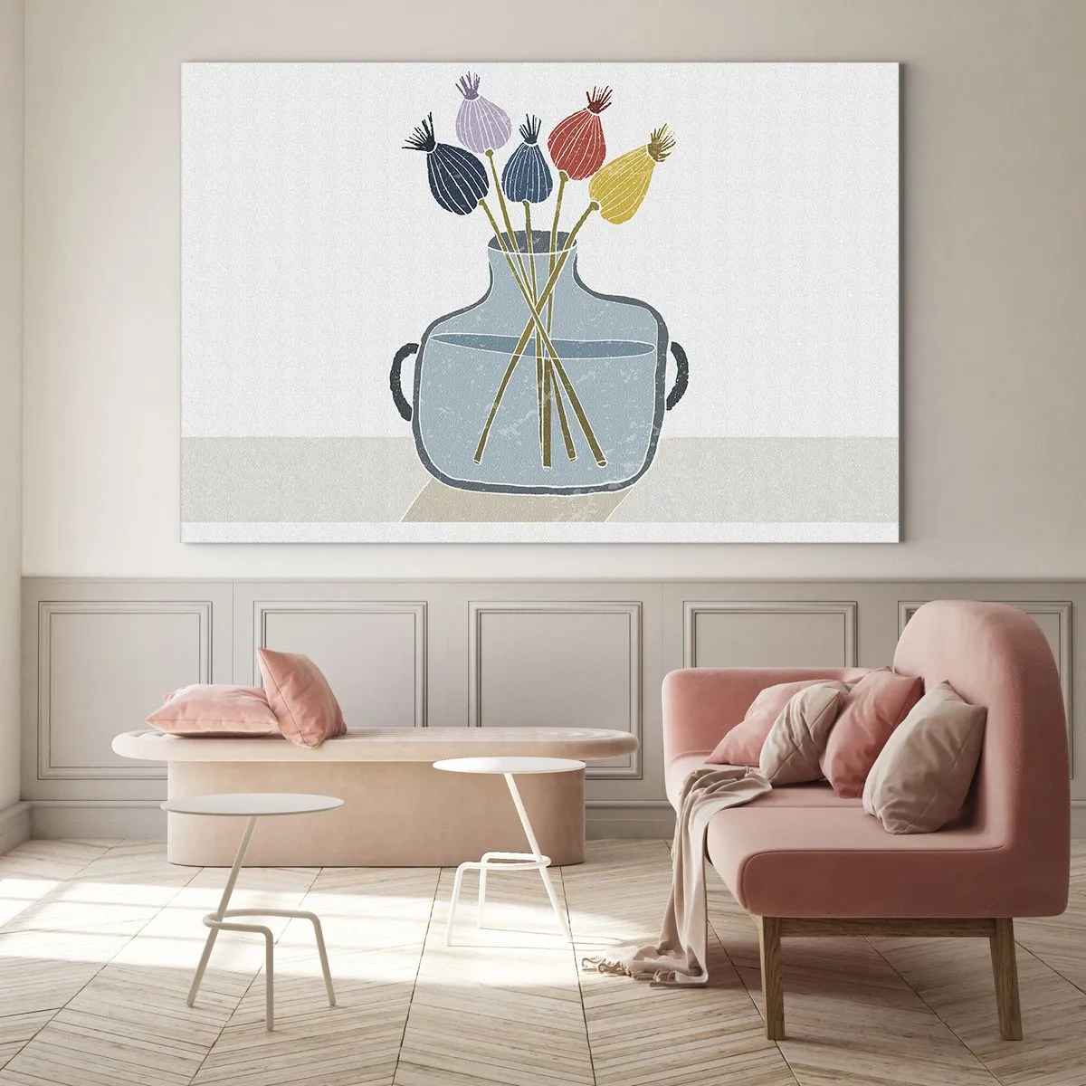 Impression sur verre - Image sur verre - Têtes de coquelicots décoratives dans une cruche de style graphique - 70x50cm - Comme s'il avait semé des graines de pavot - Décoration murale moderne pour le salon et la chambre ARTTOR
