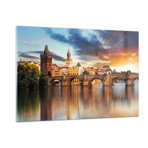 Impression sur verre - Image sur verre - Pont Charles au coucher du soleil avec des bâtiments pittoresques en arrière-plan - 120x80cm - Belle depuis des lustres - Décoration murale moderne pour le salon et la chambre ARTTOR