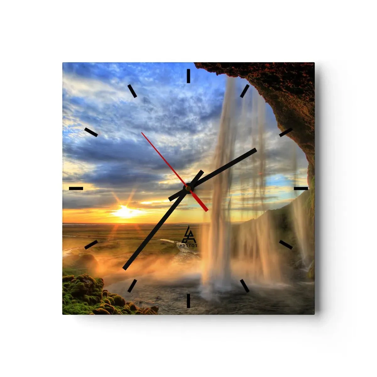 Horloge murale - Pendule murale - Une cascade illuminée par la lumière du soleil sur fond de paysage - 30x30cm - Le monde derrière un voile de gouttes - Décoration murale moderne pour le salon et la chambre ARTTOR