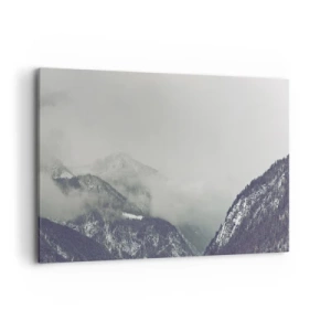 Impression sur toile - Image sur toile - Une vallée de montagne enveloppée de brume dans des nuances de gris - 120x80cm - Vallée brumeuse - Décoration murale moderne pour le salon et la chambre ARTTOR