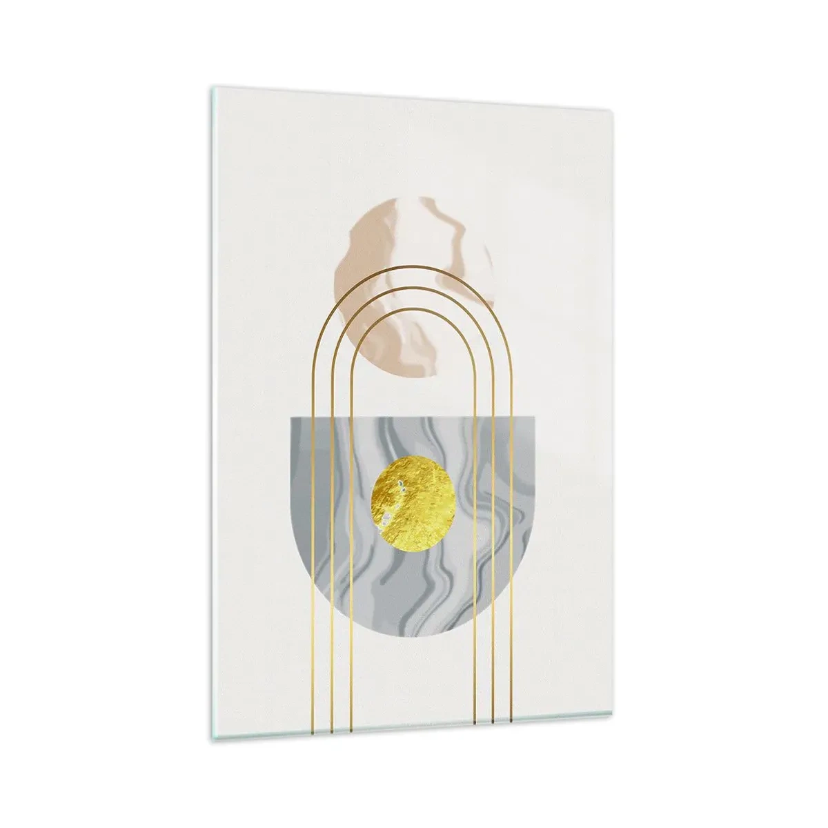 Impression sur verre - Image sur verre - Composition abstraite avec des cercles et des lignes dorées sur fond clair. - 80x120cm - Clareté et brillance - Décoration murale moderne pour le salon et la chambre ARTTOR