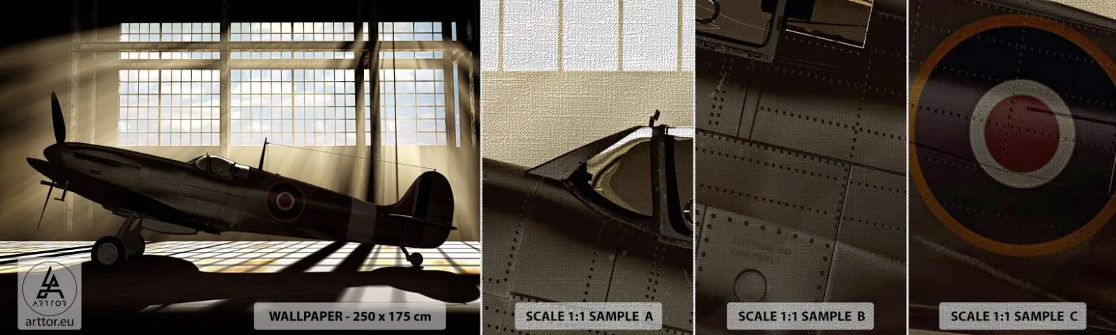 Échantillon de Papier Peint Premium Canvas - Le repos du guerrier - Avion, Hangar d'aviation, Avion - 100x30 cm