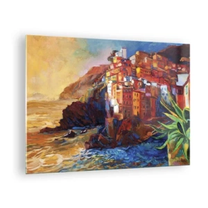 Impression sur verre - Image sur verre - Une ville colorée sur une falaise surplombant la mer - 70x50cm - Climats italien - Décoration murale moderne pour le salon et la chambre ARTTOR