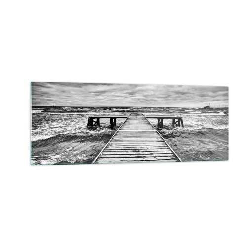 Impression sur verre - Image sur verre - Une vue en noir et blanc d'une jetée en bois sur une mer agitée. - 140x50cm - J'attends que le vent, ça le chassera... - Décoration murale moderne pour le salon et la chambre ARTTOR