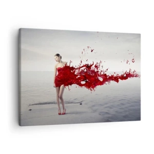 Impression sur toile - Image sur toile - Une femme en robe rouge dans une composition artistique au bord de l'eau - 70x50cm - Passionné comme l'écarlate - Décoration murale moderne pour le salon et la chambre ARTTOR