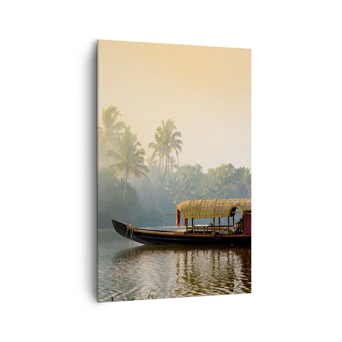 Impression sur toile - Image sur toile - Un bateau traditionnel sur une rivière calme parmi les palmiers - 80x120cm - Maison sur la rivière - Décoration murale moderne pour le salon et la chambre ARTTOR
