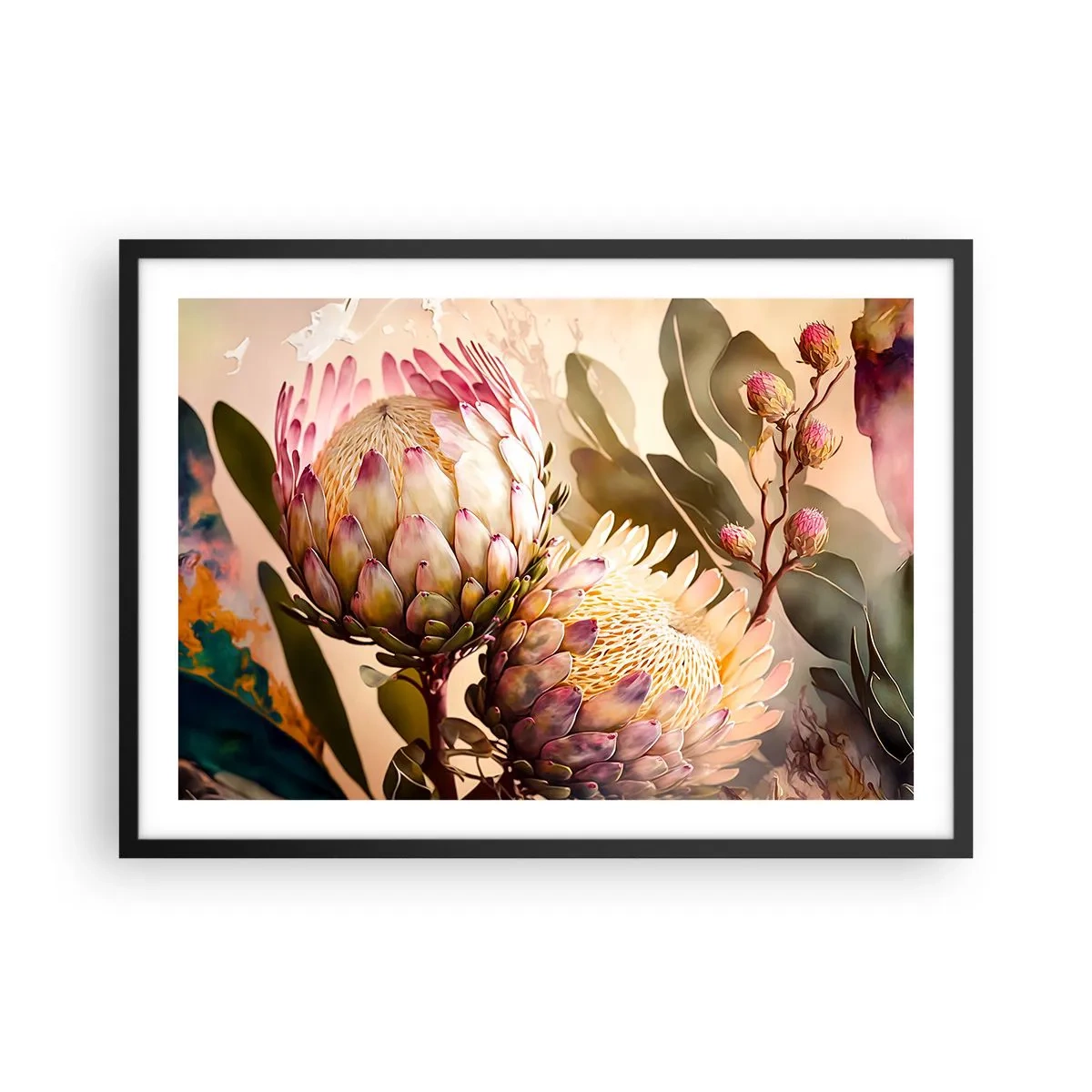 Affiche dans un cadre noir - Poster - Fleurs de protéa colorées sur un fond délicat - 70x50cm - Tendrement embrassé - Décoration murale moderne pour le salon et la chambre ARTTOR