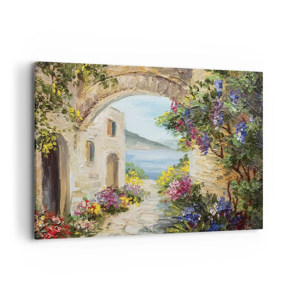 Impression sur toile - Image sur toile - Paysage de bord de mer avec des bâtiments en pierre et des fleurs - 100x70cm - Le charme d'une province côtière - Décoration murale moderne pour le salon et la chambre ARTTOR