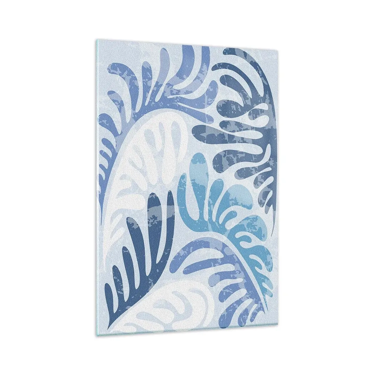 Impression sur verre - Image sur verre - Formes abstraites dans des tons de bleu sur fond blanc - 80x120cm - Fougères bleues - Décoration murale moderne pour le salon et la chambre ARTTOR