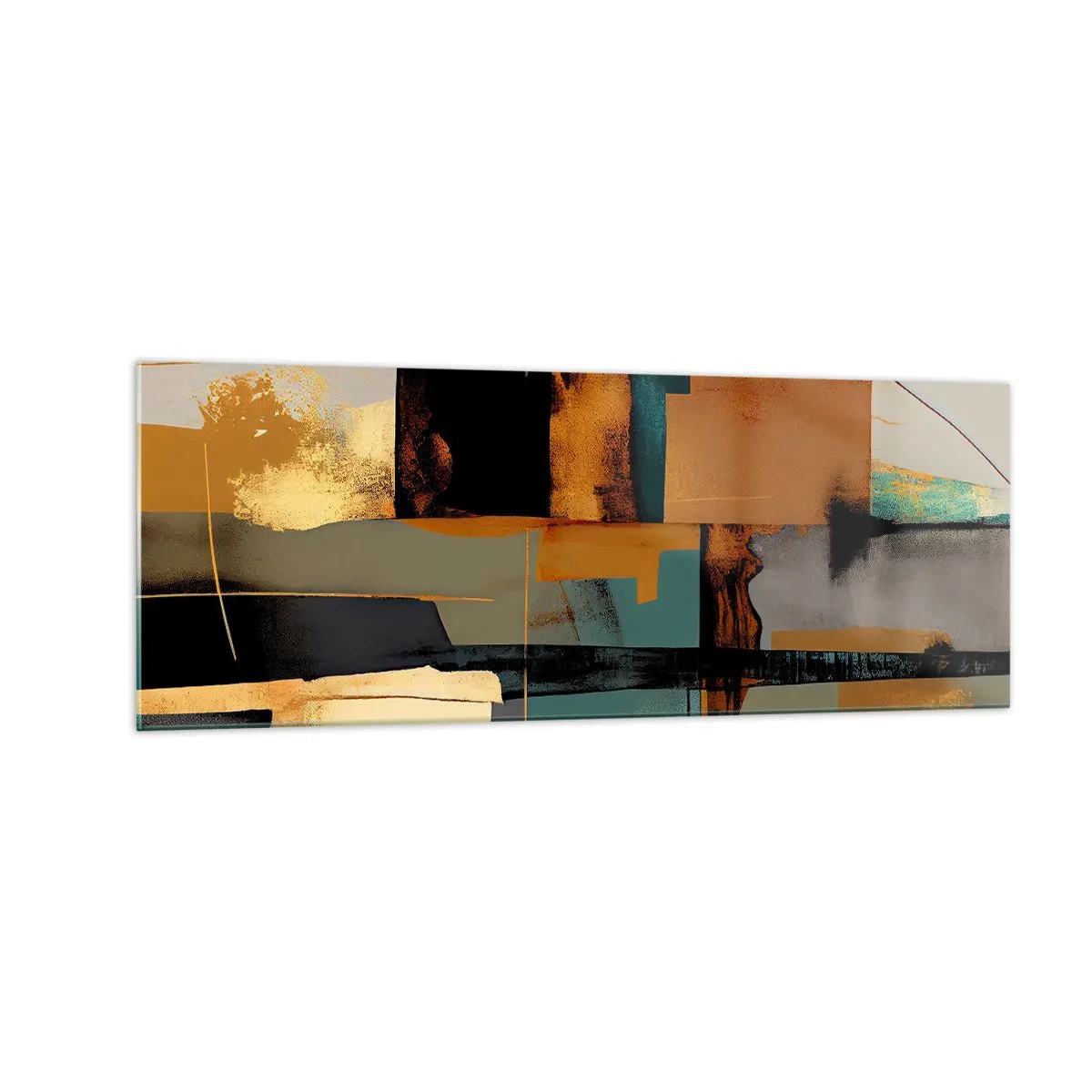 Impression sur verre - Image sur verre - Composition abstraite avec des éléments dorés et turquoise - 140x50cm - Abstraction – lumière et ombre - Décoration murale moderne pour le salon et la chambre ARTTOR