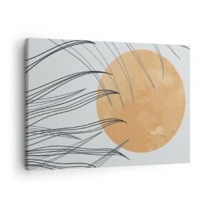 Impression sur toile - Image sur toile - Brins d'herbe abstraits sur fond de grand soleil orange - 70x50cm - Toujours vers le soleil - Décoration murale moderne pour le salon et la chambre ARTTOR