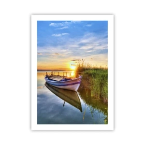Affiche - Poster - Un bateau sur un lac calme au coucher du soleil - 50x70cm - La crique où les rêves deviennent réalité - Décoration murale moderne pour le salon et la chambre ARTTOR