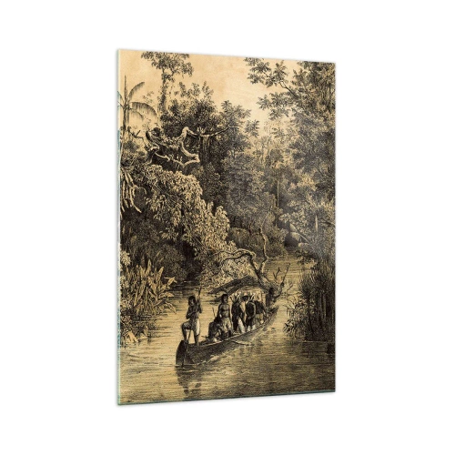 Impression sur verre - Image sur verre - Dessin d'une jungle avec un bateau sur une rivière - 70x100cm - Expédition à la source - Décoration murale moderne pour le salon et la chambre ARTTOR
