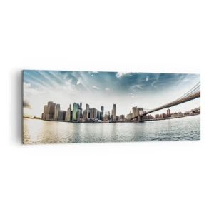 Impression sur toile - Image sur toile - Panorama de la ville avec un pont contre le ciel bleu - 140x50cm - L'île de verre - Décoration murale moderne pour le salon et la chambre ARTTOR
