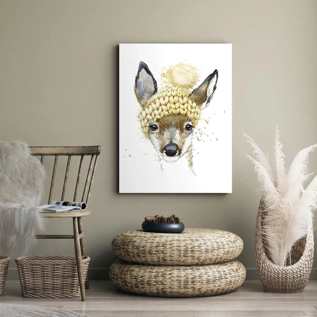Impression sur toile - Image sur toile - Cerf aquarelle avec une casquette jaune - 70x100cm - Pour l'hiver dans la forêt enneigée - Décoration murale moderne pour le salon et la chambre ARTTOR