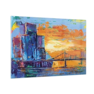 Impression sur verre - Image sur verre - La ville colorée et le pont dans la lueur du soleil couchant - 100x70cm - Culture et nature - Décoration murale moderne pour le salon et la chambre ARTTOR