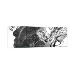 Impression sur verre - Image sur verre - Visage abstrait en noir et blanc avec des lignes dynamiques. - 160x50cm - Emmêlé dans les rêves - Décoration murale moderne pour le salon et la chambre ARTTOR