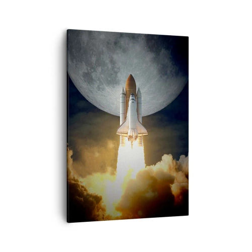 Impression sur toile - Image sur toile - Une fusée décollant sur fond de pleine lune entourée de nuages dynamiques. - 50x70cm - Le début d'une aventure surnaturelle - Décoration murale moderne pour le salon et la chambre ARTTOR