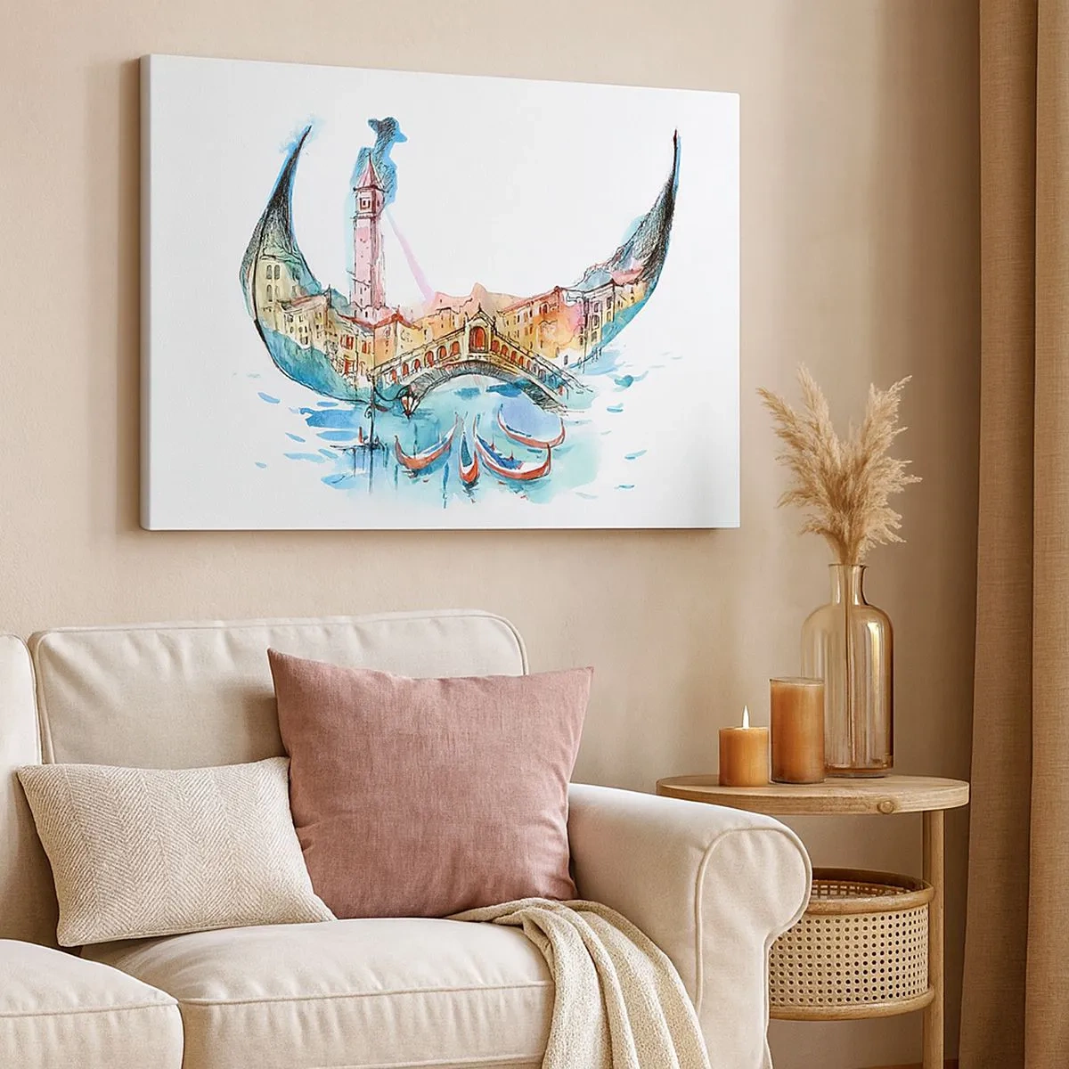 Impression sur toile - Image sur toile - Une composition à l'aquarelle de Venise en forme de gondole - 70x50cm - Nous naviguons à travers la ville - Décoration murale moderne pour le salon et la chambre ARTTOR