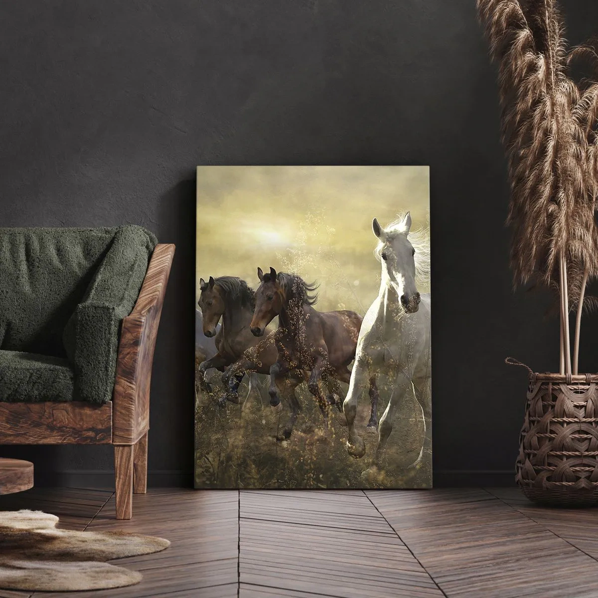 Impression sur toile - Image sur toile - Un groupe de chevaux au galop sur fond de soleil couchant - 50x70cm - Vive la liberté! - Décoration murale moderne pour le salon et la chambre ARTTOR