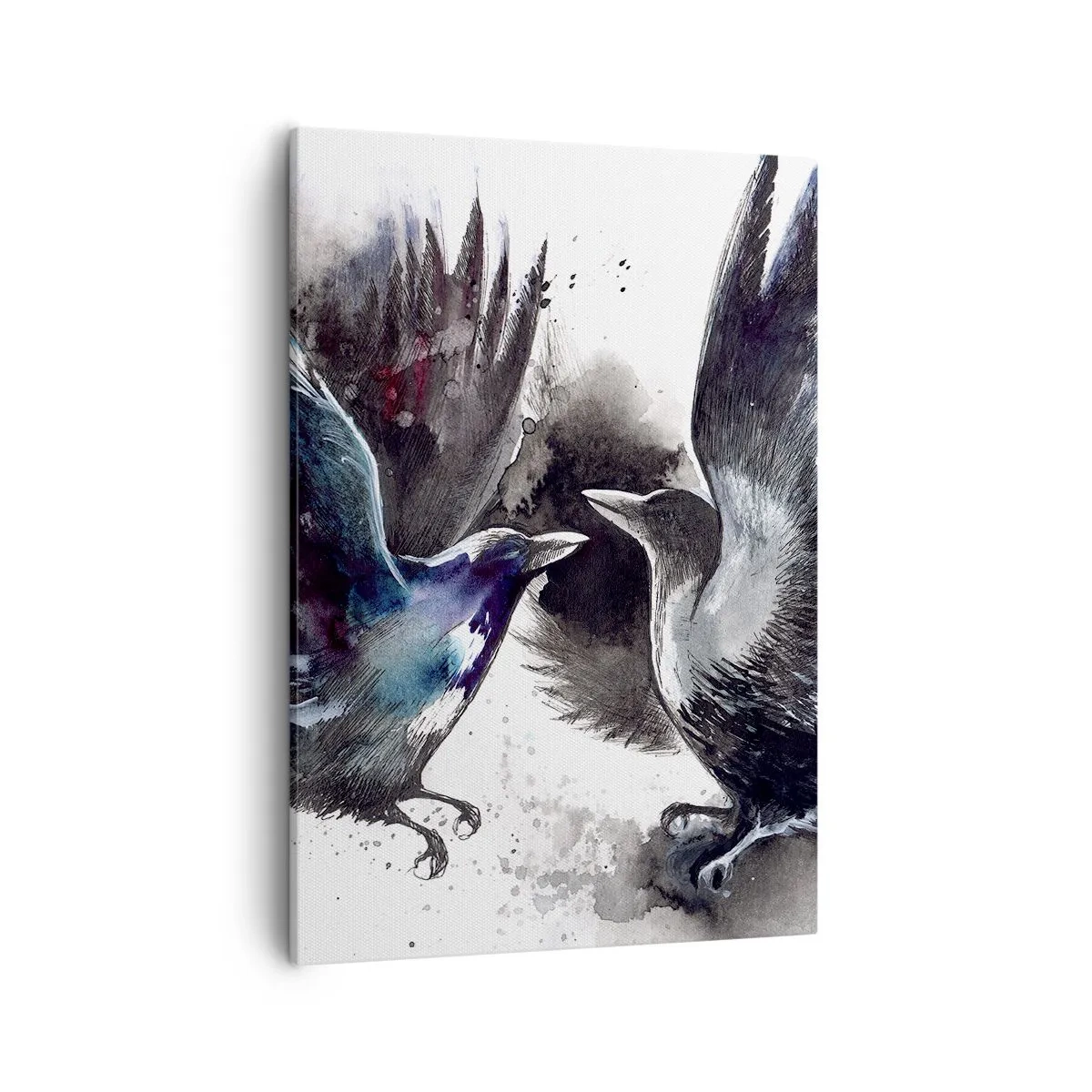 Impression sur toile - Image sur toile - Corbeaux artistiques dans une composition aquarelle dynamique - 50x70cm - Le corbeau des corbeaux - Décoration murale moderne pour le salon et la chambre ARTTOR