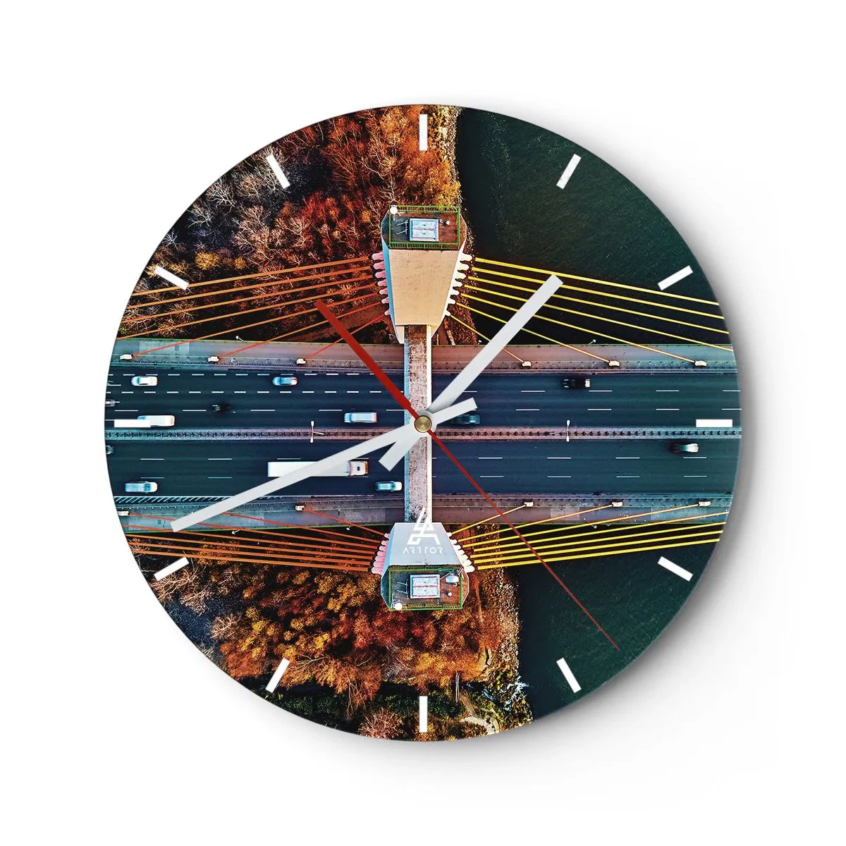 Horloge murale - Pendule murale - Vue aérienne d'un pont de corde au-dessus d'une rivière dans un paysage d'automne - 30x30cm - Au dessus de l'eau et de la forêt - Décoration murale moderne pour le salon, la cuisine et la chambre ARTTOR