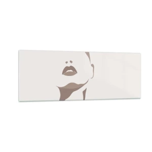 Impression sur verre - Image sur verre - Contour minimaliste du visage d'une femme dans des tons beiges délicats - 140x50cm - Fait de lumière et d'ombre - Décoration murale moderne pour le salon et la chambre ARTTOR