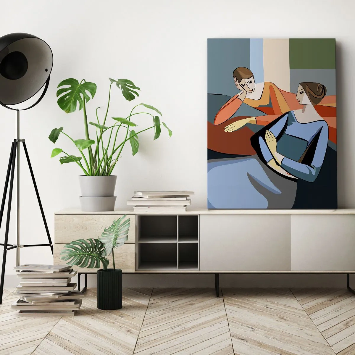 Impression sur toile - Image sur toile - Illustration abstraite de deux femmes dans le style cubiste - 50x70cm - Un moment de confiance - Décoration murale moderne pour le salon et la chambre ARTTOR