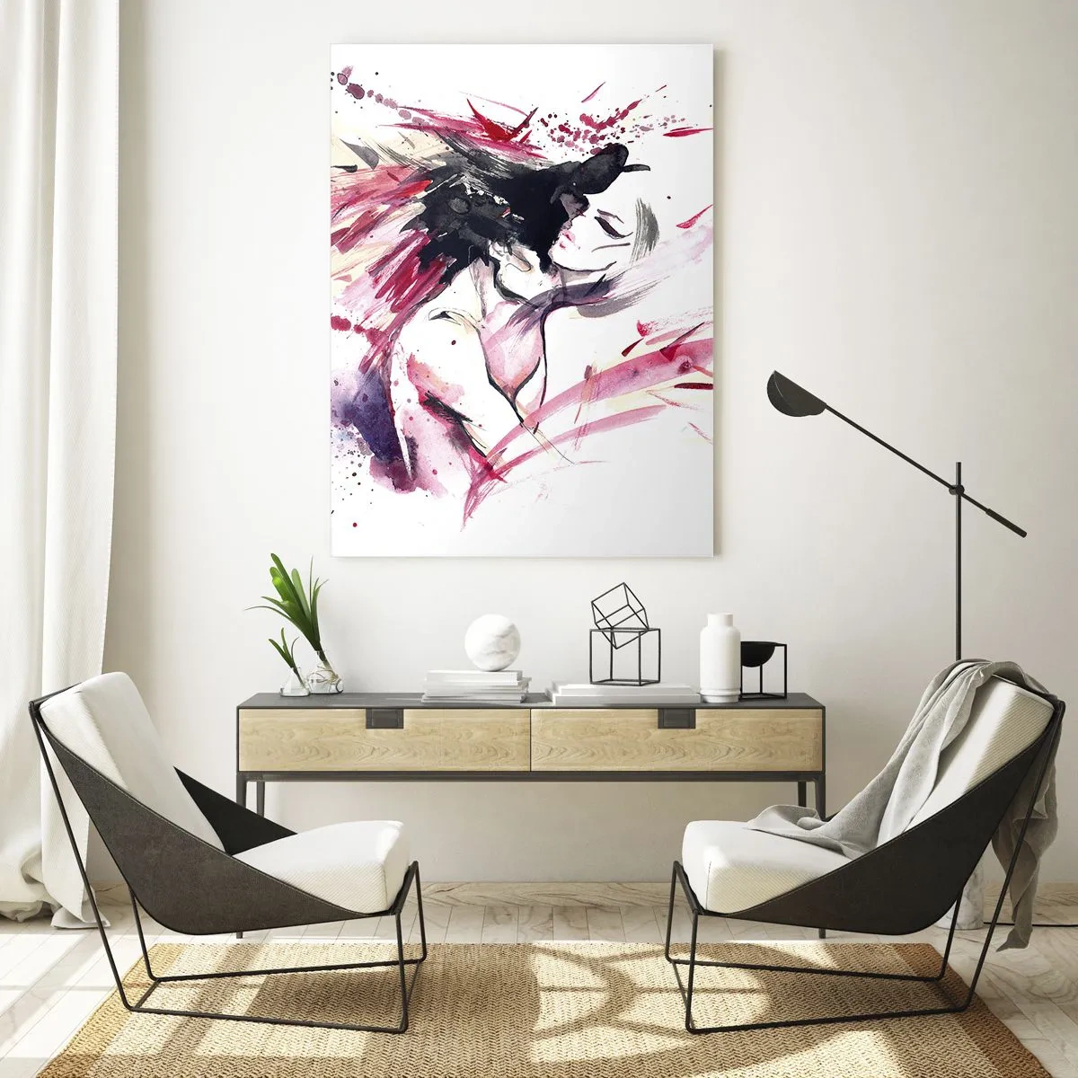 Impression sur verre - Image sur verre - Portrait abstrait d'une femme aux accents rouges dynamiques - 80x120cm - Un accomplissement amoureux - Décoration murale moderne pour le salon et la chambre ARTTOR