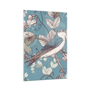 Impression sur verre - Image sur verre - Un oiseau sur une branche dans un style floral délicat - 70x100cm - Dans le bois blanc du rouge et de l'argent - Décoration murale moderne pour le salon et la chambre ARTTOR