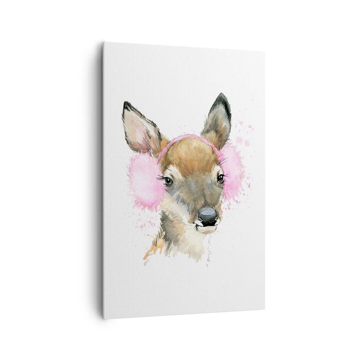 Impression sur toile - Image sur toile - Cerf aquarelle avec cache-oreilles roses - 80x120cm - Et le gel n'effraie plus - Décoration murale moderne pour le salon et la chambre ARTTOR