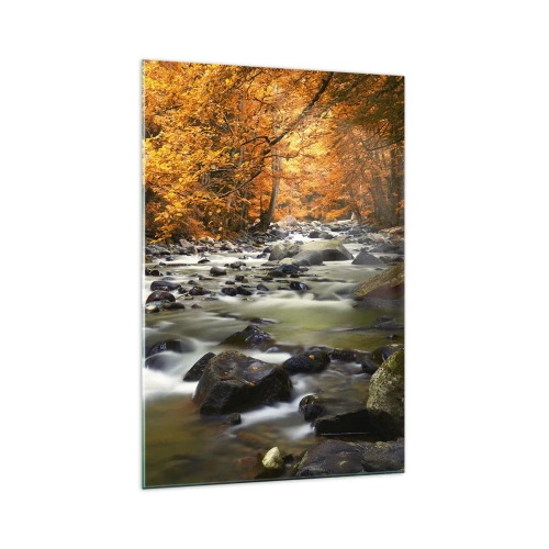 Impression sur verre - Image sur verre - Un ruisseau dans une forêt d'automne entouré de feuilles dorées - 70x100cm - Un ruisseau dans une forêt dorée - Décoration murale moderne pour le salon et la chambre ARTTOR