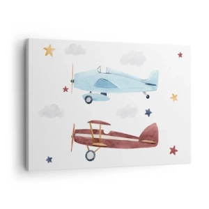 Impression sur toile - Image sur toile - Avions peints à la main sur fond de nuages et d'étoiles - 70x50cm - Monsieur le pilote, nous vous attendons ! - Décoration murale moderne pour le salon et la chambre ARTTOR