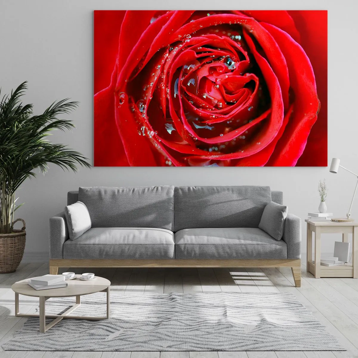 Impression sur verre - Image sur verre - Gros plan d'une rose rouge avec des gouttes de rosée - 120x80cm - Dans les gouttes de rosée - Décoration murale moderne pour le salon et la chambre ARTTOR