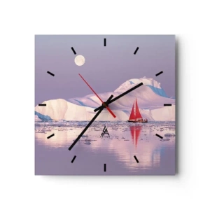 Horloge murale - Pendule murale - Une voile rouge sur fond de montagnes glacées et de pleine lune. - 30x30cm - La chaleur de la voile, le froid de la glace - Décoration murale moderne pour le salon et la chambre ARTTOR