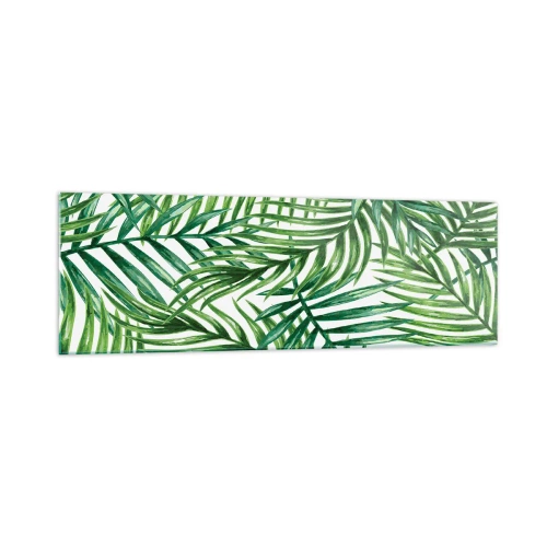 Impression sur verre - Image sur verre - Feuilles de palmier tropicales vertes sur fond clair - 160x50cm - Sous la canopée verte - Décoration murale moderne pour le salon et la chambre ARTTOR