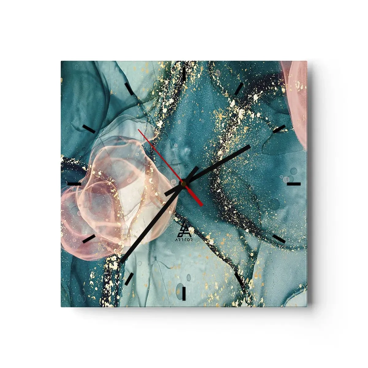 Horloge murale - Pendule murale - Une composition abstraite dans des tons turquoise et or. - 30x30cm - Soie bleu, tulle rose - Décoration murale moderne pour le salon et la chambre ARTTOR