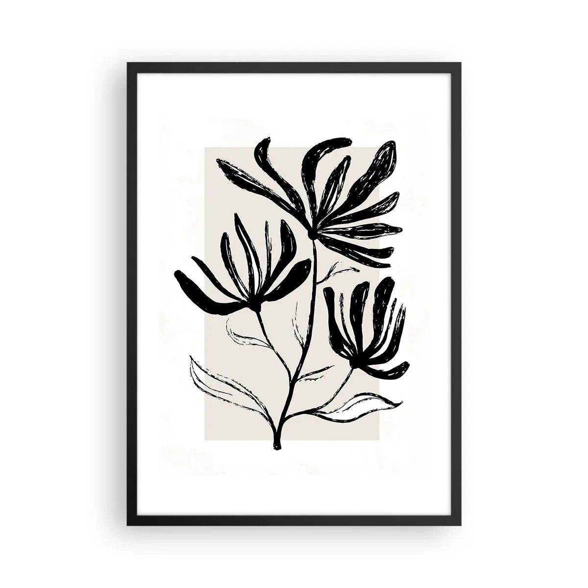 Affiche dans un cadre noir - Poster - Illustration en noir et blanc de fleurs sur fond beige - 50x70cm - Esquisse pour l'herbier - Décoration murale moderne pour le salon et la chambre ARTTOR