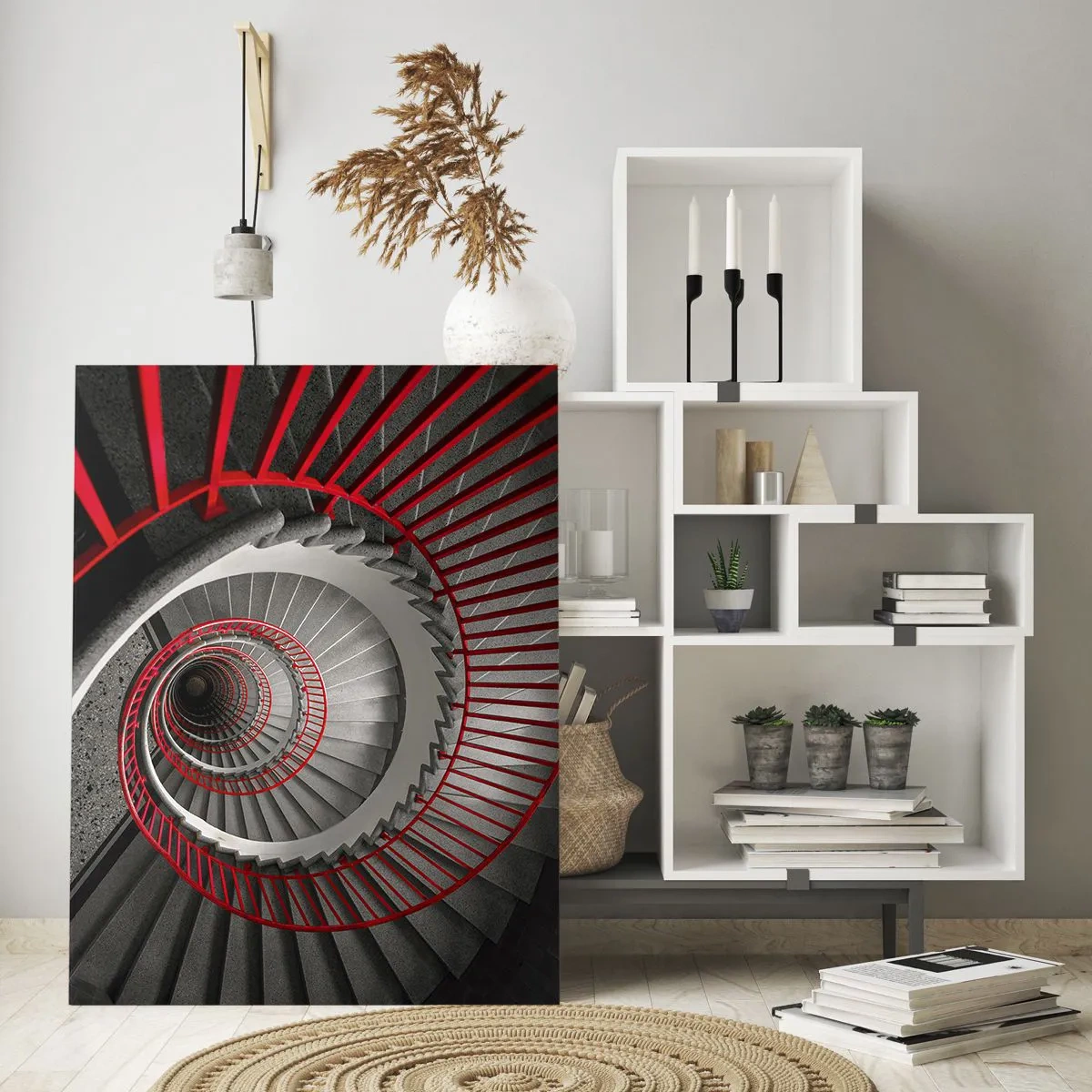 Impression sur verre - Image sur verre - Escalier en colimaçon avec rampes rouges en perspective - 50x70cm - Amusement architectural - Décoration murale moderne pour le salon et la chambre ARTTOR