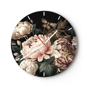 Horloge murale - Pendule murale - Pivoines roses et papillon sur fond noir dans un style classique - 30x30cm - De style baroque - Décoration murale moderne pour le salon, la cuisine et la chambre ARTTOR