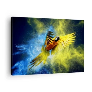 Impression sur toile - Image sur toile - Un perroquet en vol sur fond d'explosions colorées de jaune et de bleu. - 70x50cm - Dans la poussière bleue et dorée - Décoration murale moderne pour le salon et la chambre ARTTOR