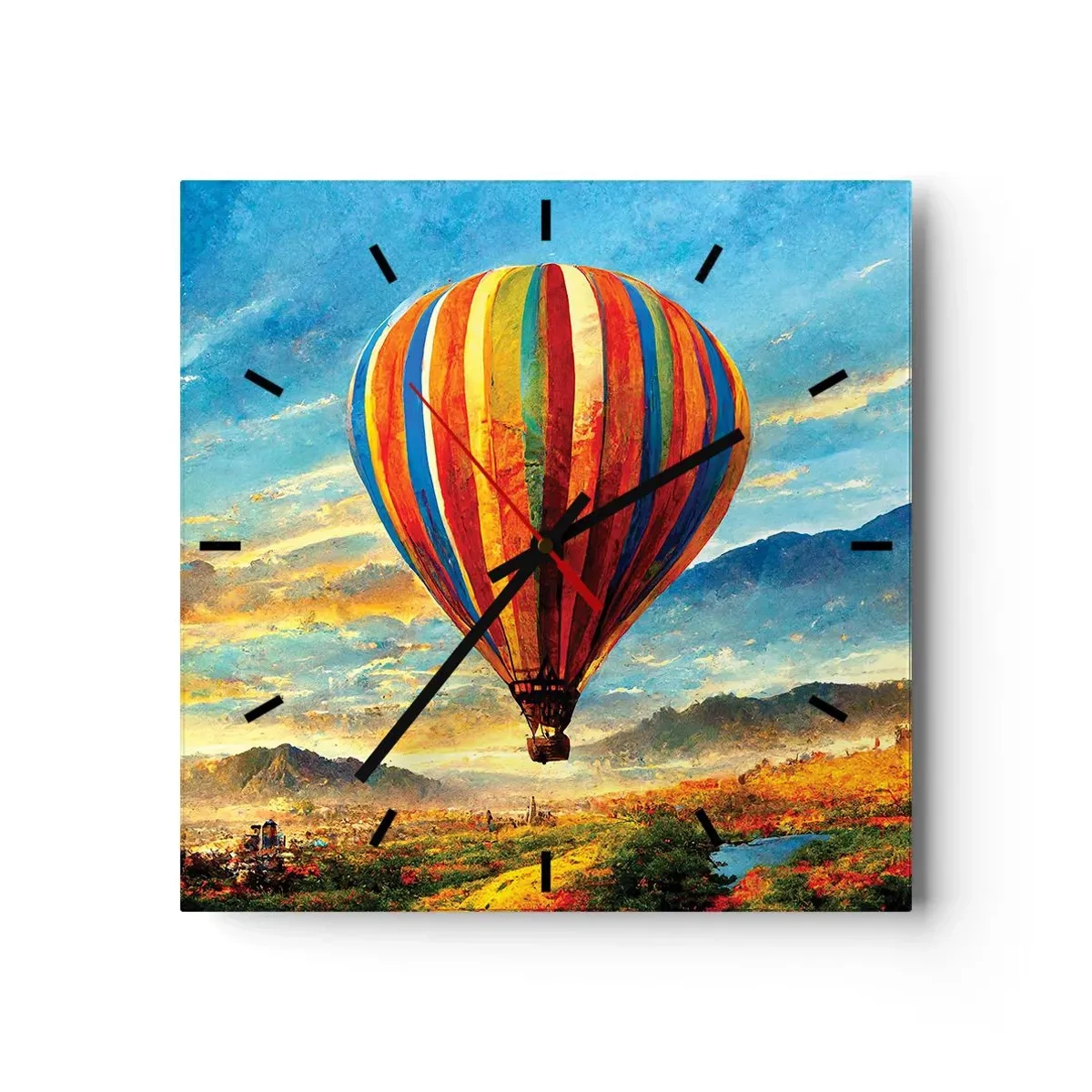 Horloge murale - Pendule murale - Un ballon coloré au-dessus d'un paysage pittoresque - 30x30cm - Dans le silence on voit mieux - Décoration murale moderne pour le salon et la chambre ARTTOR